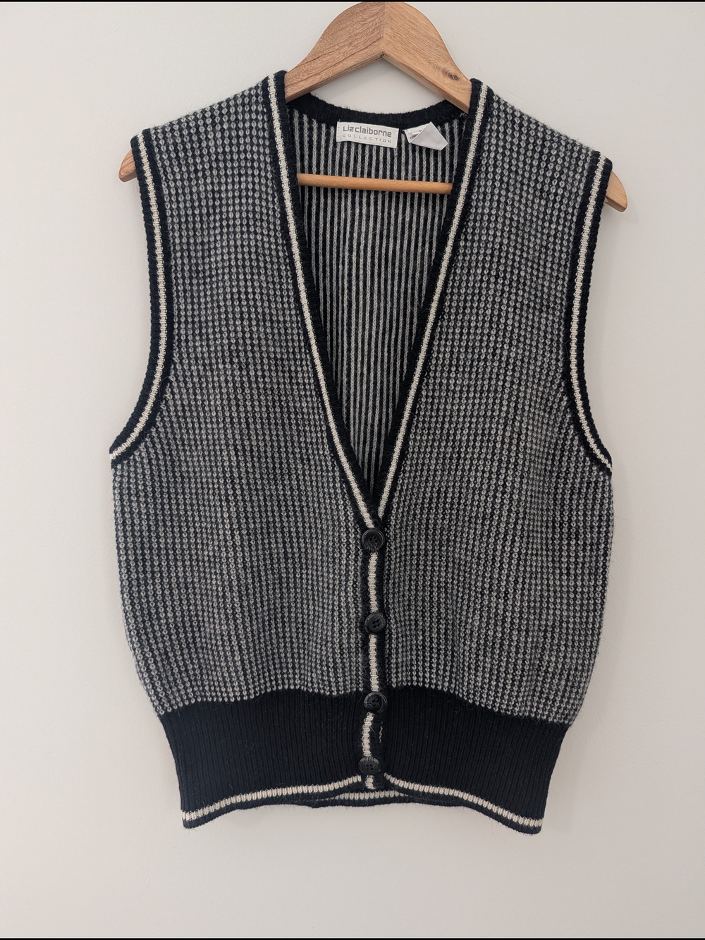 Vintage Liz Claiborne Angora Lambswool Sweater Vest Black Cream Small